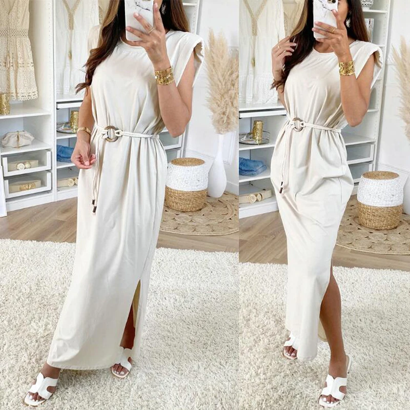 

Sexy Fashion Casual Lace Up Waist Split Long Dress Straight Sleeveless Summer Women Dress 2020 Party Dresses