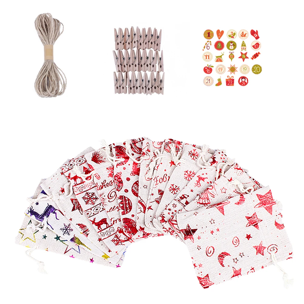 

24PCS Christmas Advent Calendar Countdown Bag Sack Hanging Gift Pouch With Clips Stickers Christmas Advent Calendar Bags