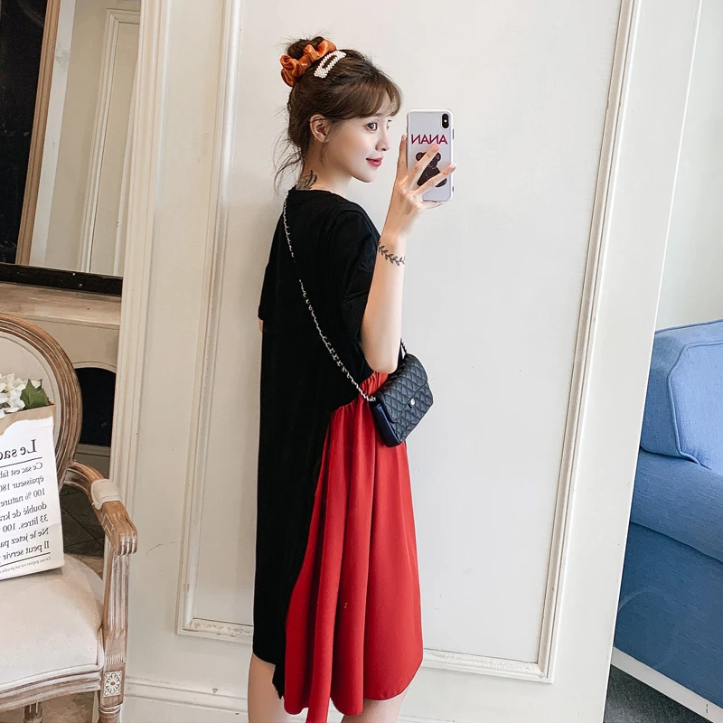 

L-4XL Plus Size Women Casual T shirt Dresses Summer 2021 Short Sleeve Pleated Patchwork Hit The color Loose Ladies A-line Dress