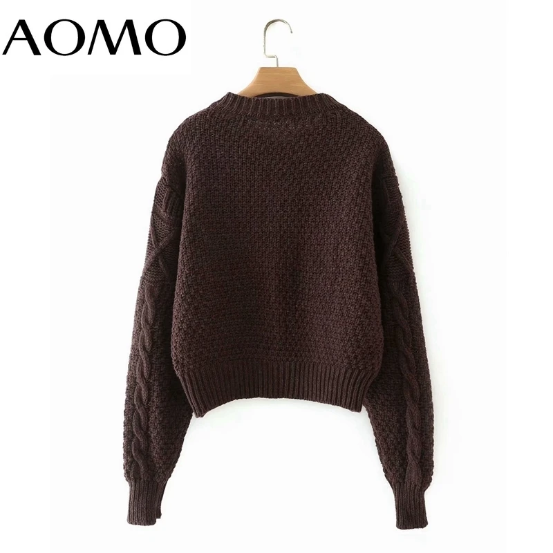 

AOMO Women Vintage Coffee Twist Crop Cardigan Vintage O Neck Knitted Cardigan Coat 3F21A