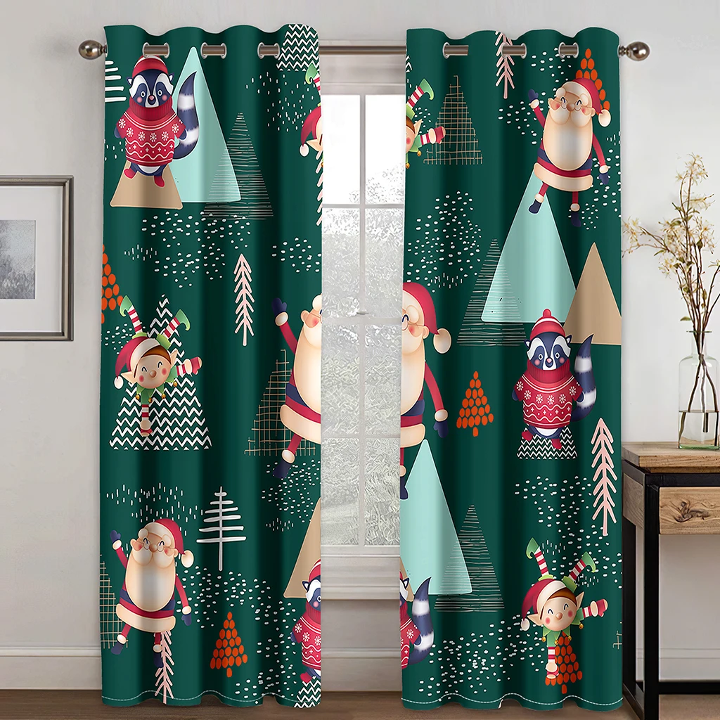 

Children's Cartoon Santa Claus Kawaii Curtains Decorated with Christmas Decorations Festive Curtain Elk Christmas Tree Patterns