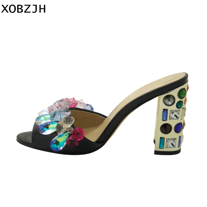 Роскошные босоножки женская обувь 2019 кожи черного цвета с украшением в виде