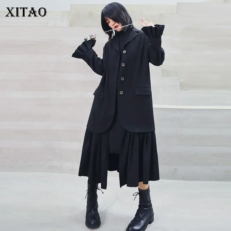 XITAO Ретро стиль пэчворк плиссированный черный Тренч женская одежда 2019 подол плюс