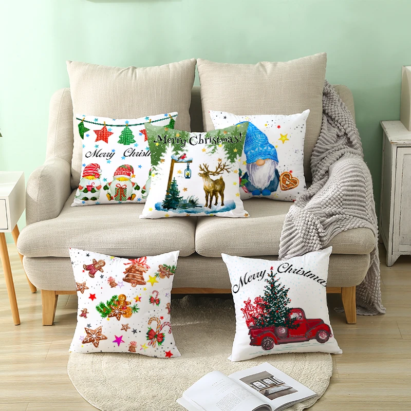 

Puremind Marry Christmas Cushion Catoon Style Red and White Lattice Decoration Home Decor Sofa Pillow Case Happy New Year TPR400