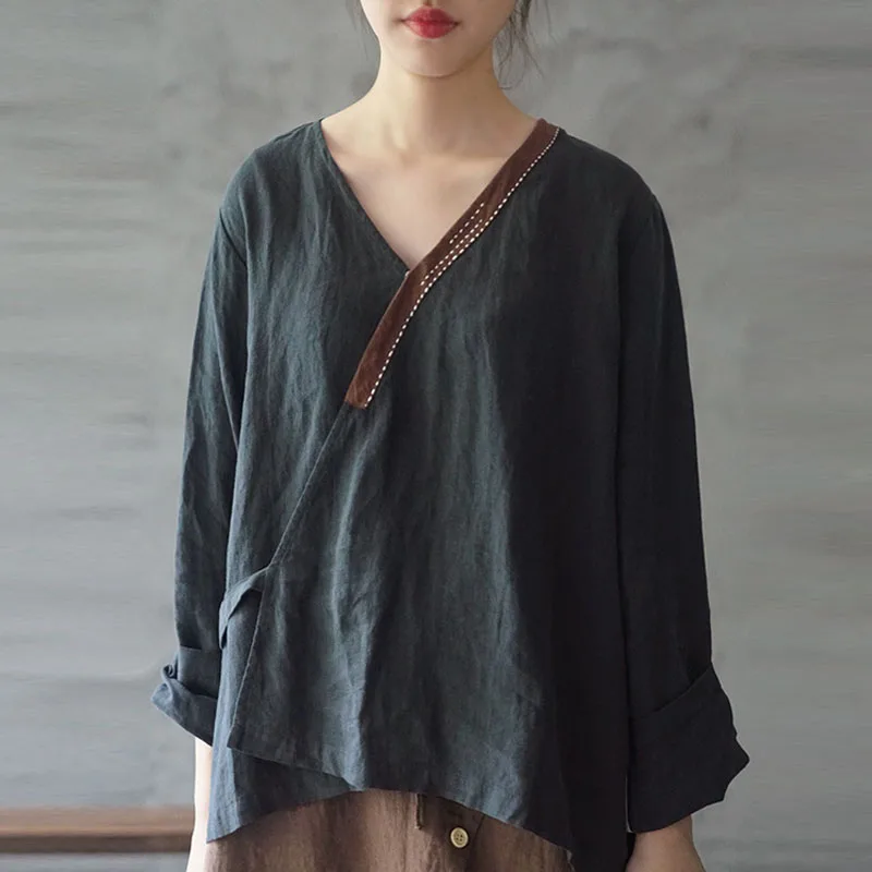 Женский винтажный кардиган с вышивкой Johnature однотонный из хлопка и льна V