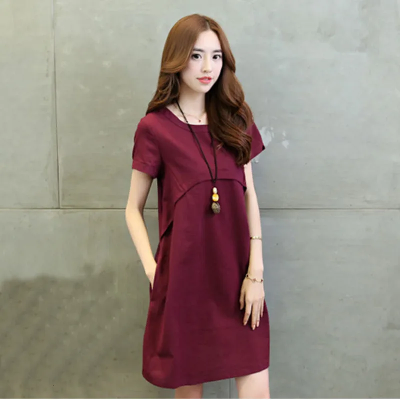 

#0222 Summer Casual Loose Dresses Women Short Sleeve O-neck Cotton Linen Mini Dress Female Solid Color Pockets Vintage Red Green