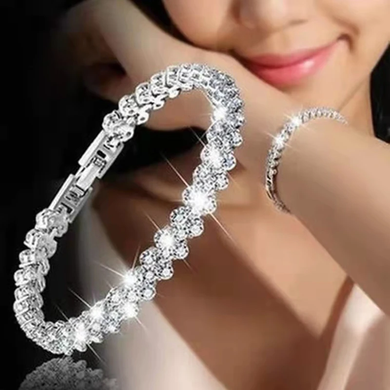 

Luxury Exquisite Luxury Roman Crystal Bracelet For Women Wedding Gift Korean Rose Gold Silver Color Chain Bracelets Jewelry