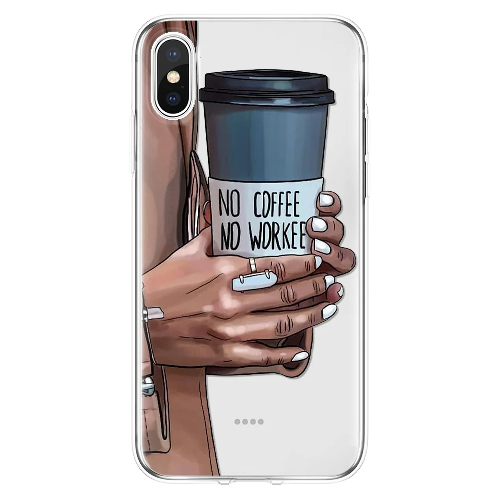 Модный черный коричневый Чехол для девочки с волосами босс кофе королева iPhone XR X XS