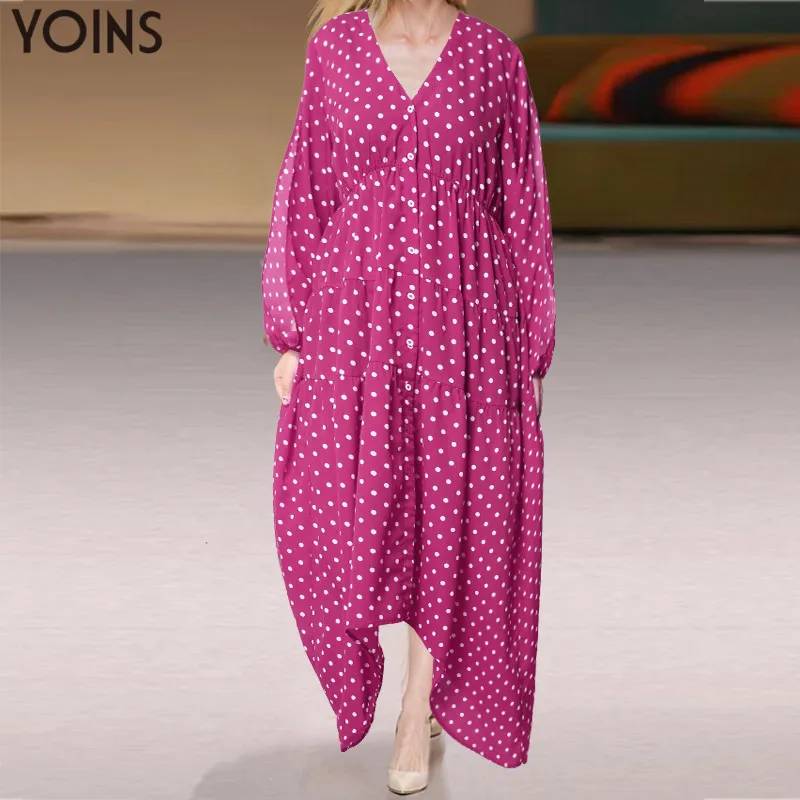 YOINS женское осеннее длинное платье в горошек повседневное рукав фонарик