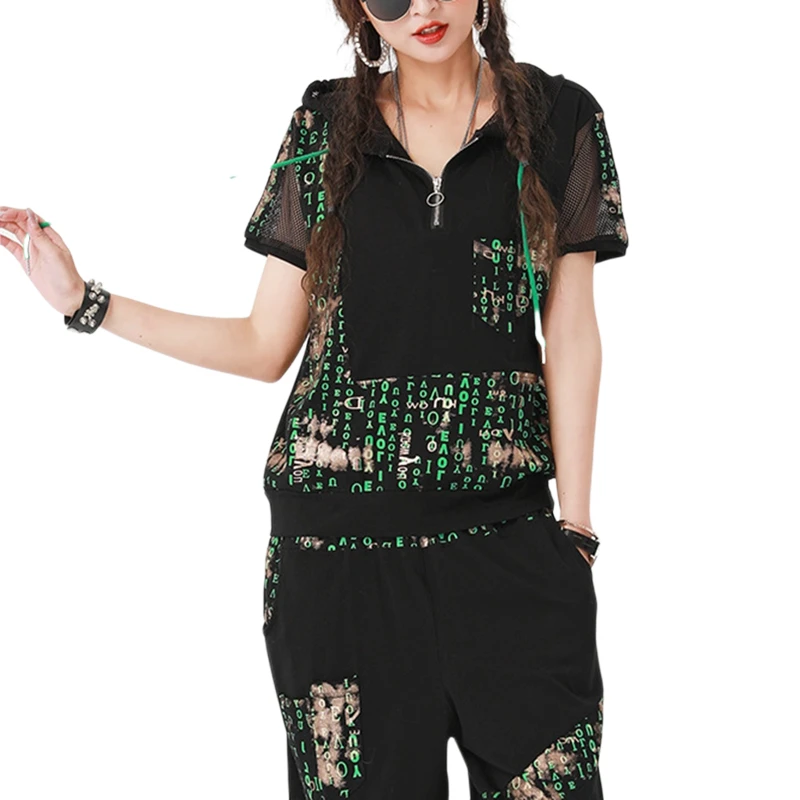 

Black 2 Piece Sets Plus Size Women Cowboy 2021 Summer Outfits Print Top and Jean Pant Suits Korean Clothes Hooded Tshirt XC624