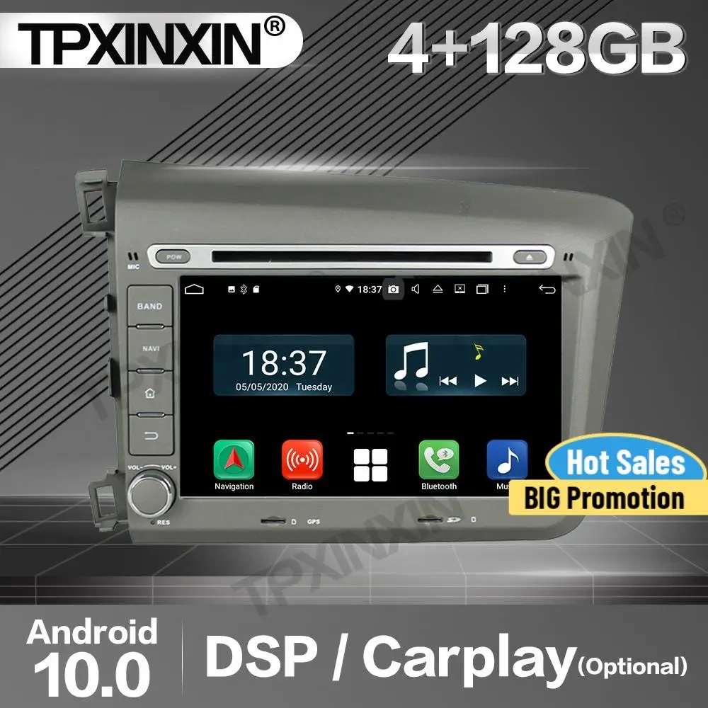 

Автомагнитола Carplay, 128 ГГц, 2 Din, стереоприемник, Android 10, для Honda Civic 2012, GPS-плеер, аудиомагнитофон, головное устройство