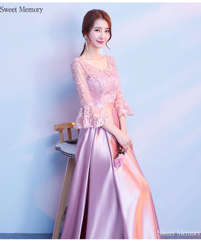 

Women Pink Black Lace Satin Vintage Bridesmaid Dresses Long Prom Party Gown Robe De Soriee