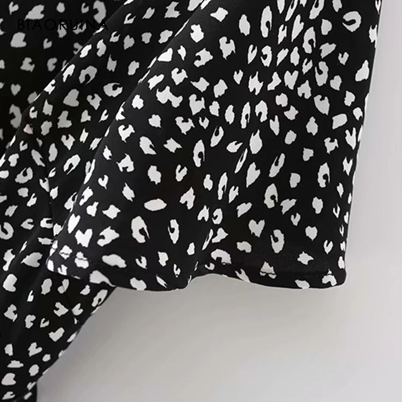 

BIAORUINA Women's Dot Print Black High Waist V-neck French Style Short Slim Dress with Sashes Female Spring Summer Dresses