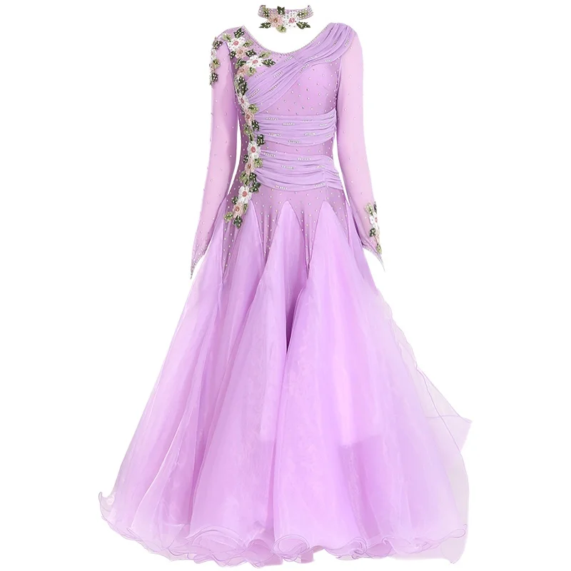 

2021 New Modern Dance Costumes Female Adult Long Sleeve Elegant Ballroom Dance Stage Performance Dress Waltz Dancing Clothes