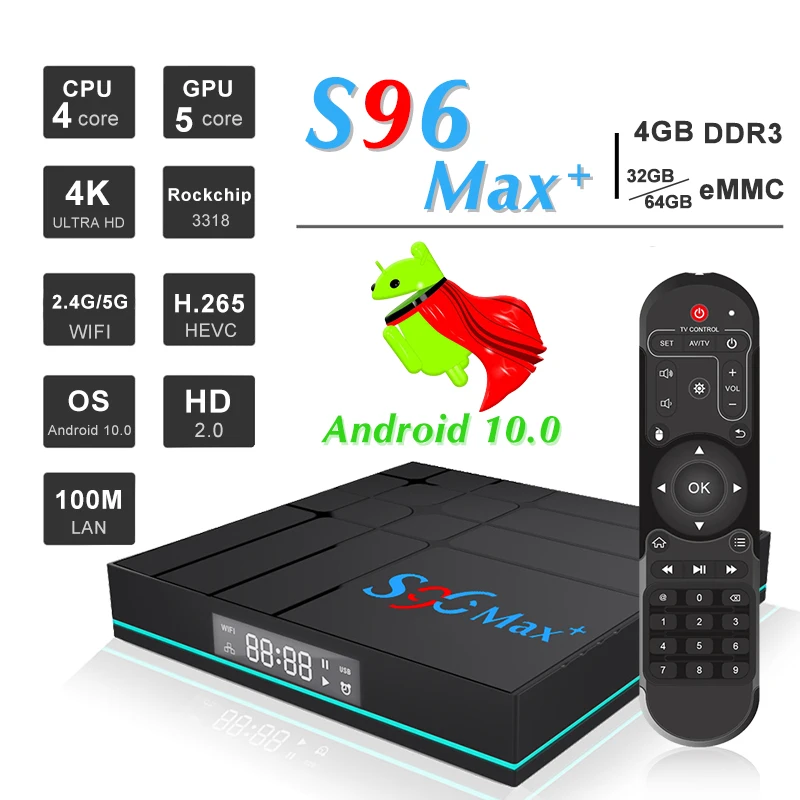 S96 MAX Plus Android 10 0 ТВ приставка 4 Гб ОЗУ 32 64 Смарт медиаплеер RK3318 2 4G 5G WiFi Bluetooth