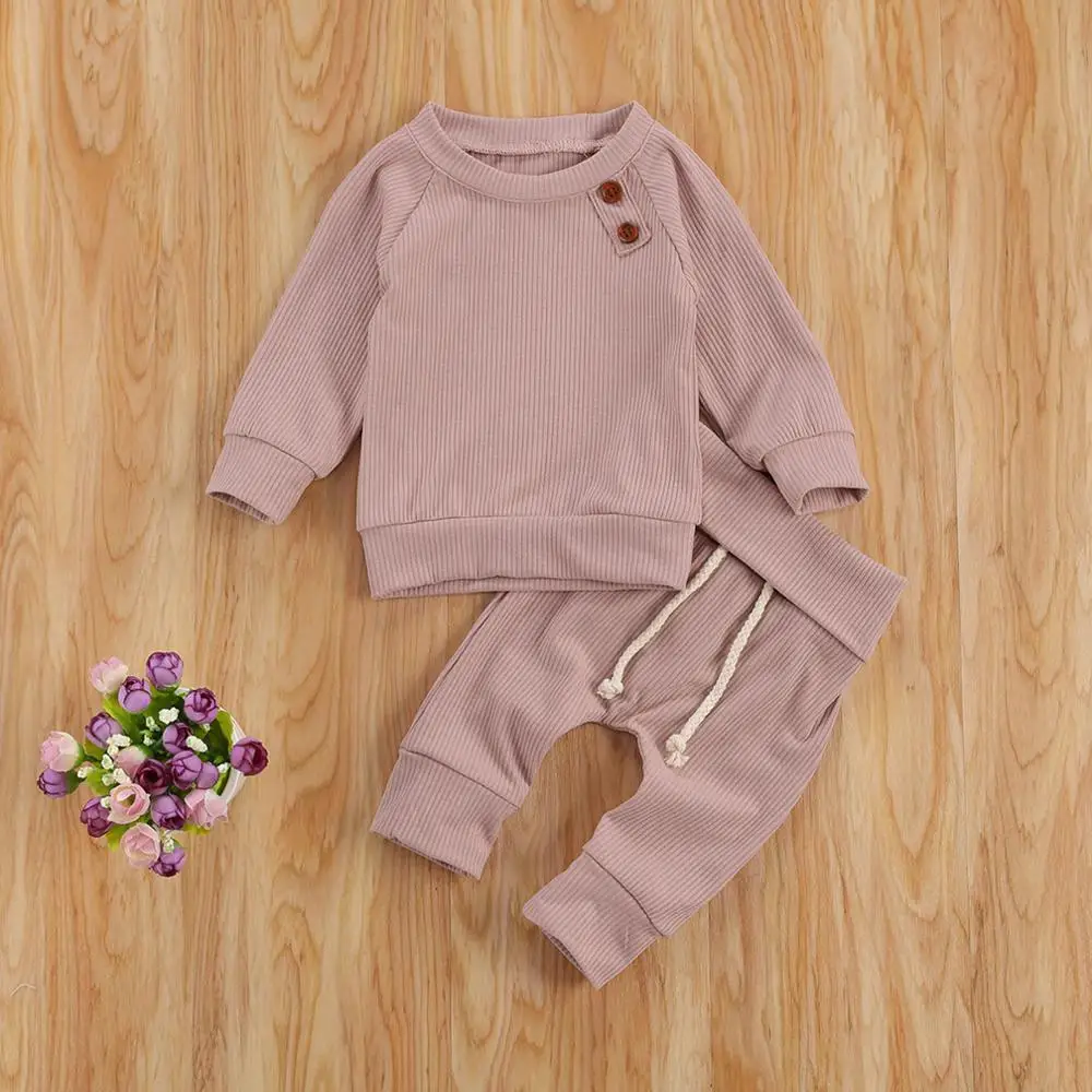 

ZWY554 girls boys clothes sets Baby Boys Girls Solid Knitted Tops+ Lacing Pants Pajamas Sleepwear Sets Autumn ropa Baby