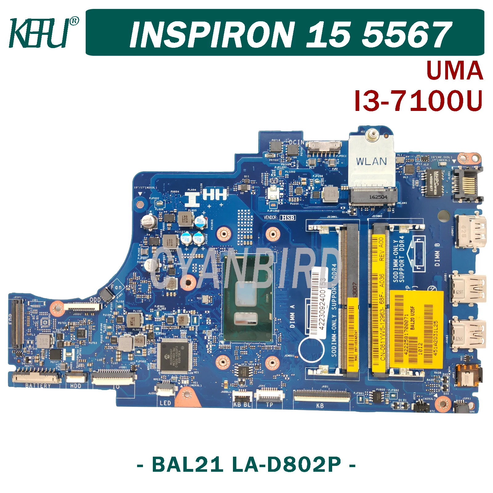 

KEFU BAL21 LA-D802P original mainboard for Dell Inspiron 15-5567 17-5767 UMA with I3-7100U Laptop motherboard