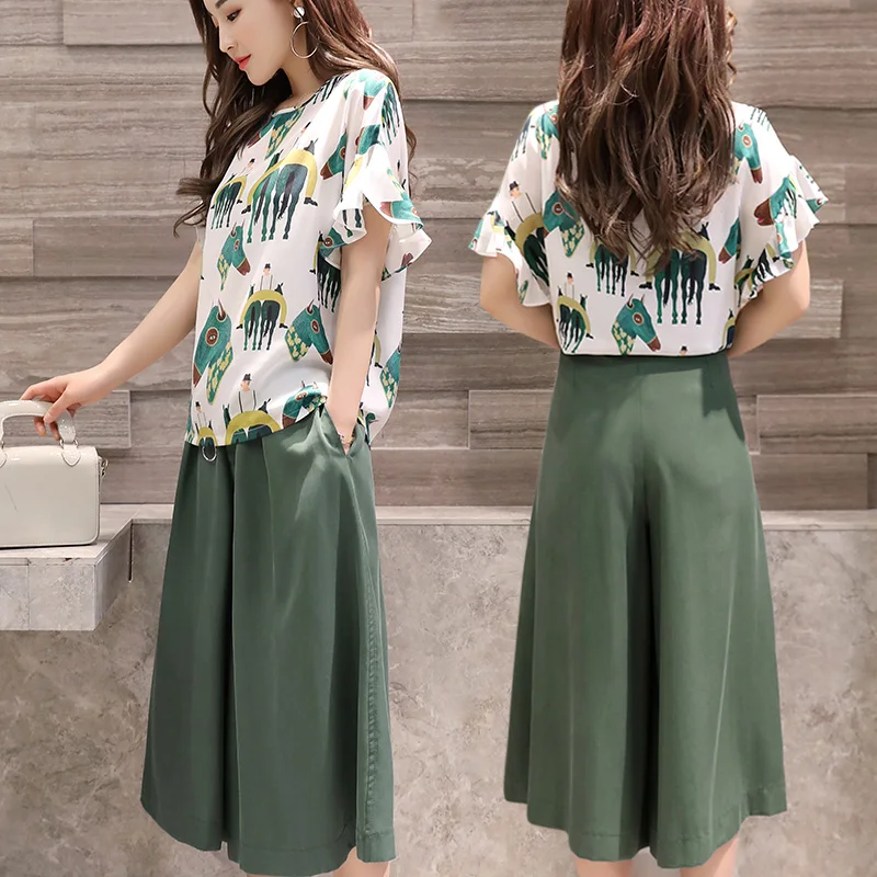 

2019 Fashion Summer Hew ladies Fashion large Size Short Sleeve Thin Wide leg pants Two-piece