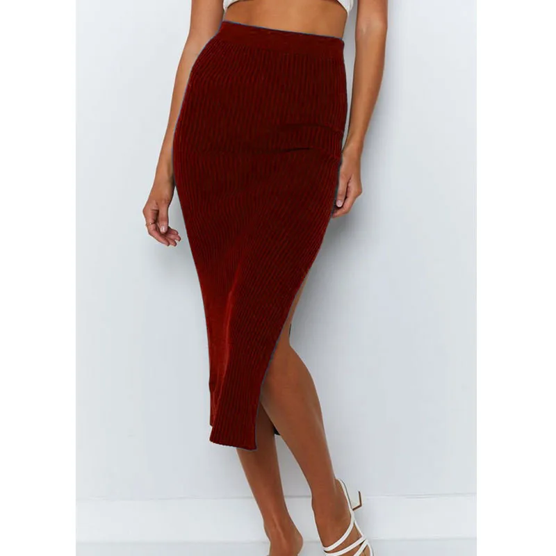 

Elastic Waist Green Elegant Autumn Winter 2020 Mid-Calf Bodycon Skirts Solid Feamle Skirts Outwear Knitted Split Women G2044