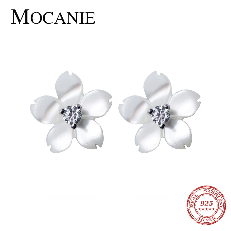 

Mocanie New 925 Sterling Silver Sparkling Zircon Plant White Shell Flower Stud Earring for Women Fine Jewelry Girlfriend Gift