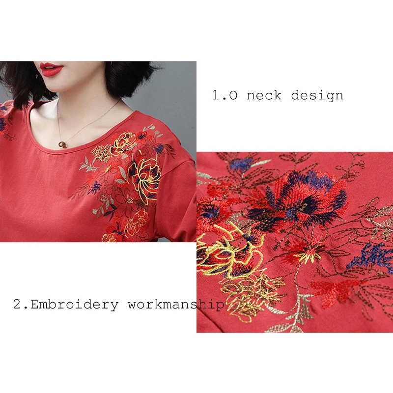 Mon Flower Embroidery Long Sleeve Tshirt Women O-Neck Fashion Clothes Female Folds Tee Shirts Casual | Женская одежда