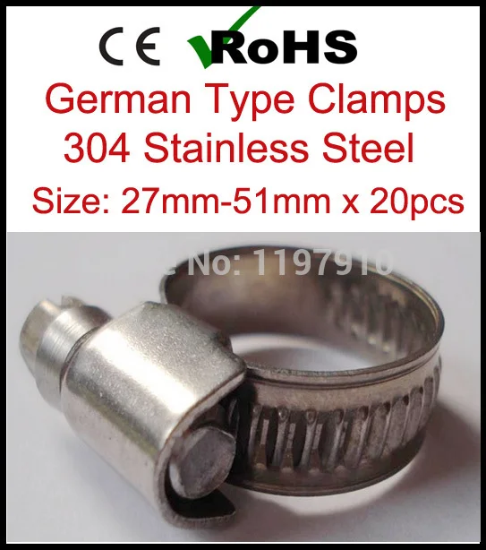 27mm-51mm x 20pcs Top Quality German Style 304 Stainless Steel Hose Clamp SS Fastener Pipe Clip 9mm Band Width Tube Clips
