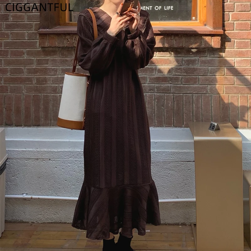 

2021 Осень Корейская Новая мода темно-синий воротник средней длины длинный рукав рыбий хвост элегантное модное винтажное платье Женская откр...