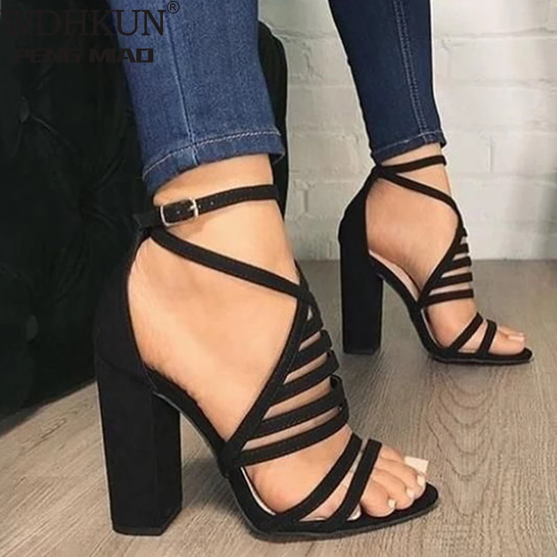 

Women Sexy Sandals Lady High Heels Design Women's Cross Strap Bandage Shoes Lady Party Female Ankle Strap Flock 2022 Summer