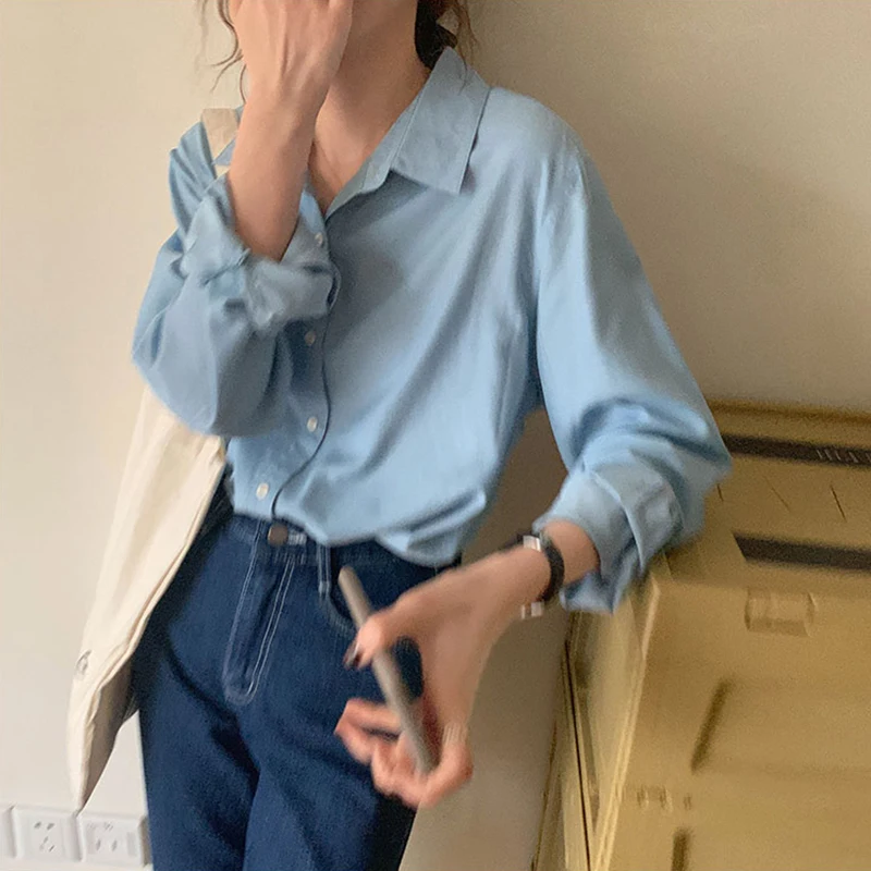 

Korean Style 2021 New Spring Blue Shirt Women's Solid Color Long Sleeve Shirt Loose Slimming and All-Matching Fashion Tops Inner