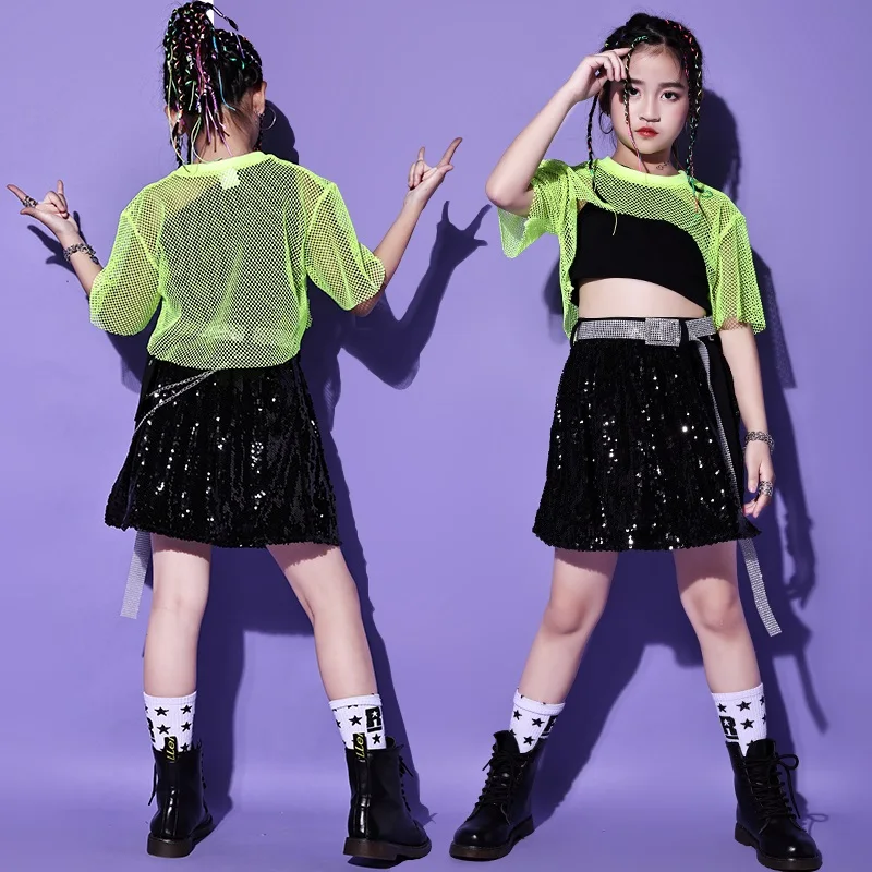 

Jazz Dance Costume For Kids Girls Hip Hop Performance Clothing Net Crop Tops Sequined Cheerlead Dance Skirt Rave Clothes VDB3509