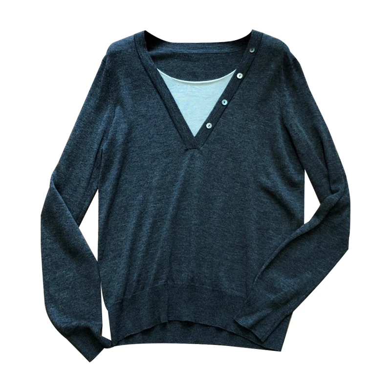 

Style V-neck Fake Two-Piece Knitted Top 2020 New Bottoming Shirt Women's Autumn and Winter Loose Cashmere Coat Sweater