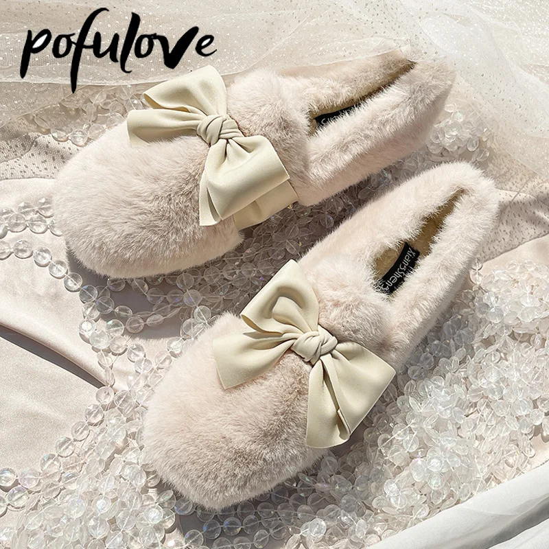 

Pofulove Flat Shoes with Bow Women Winter Shoes Furry Plush Warm Flats Female Shoes Fashion Harajuku Zapatos