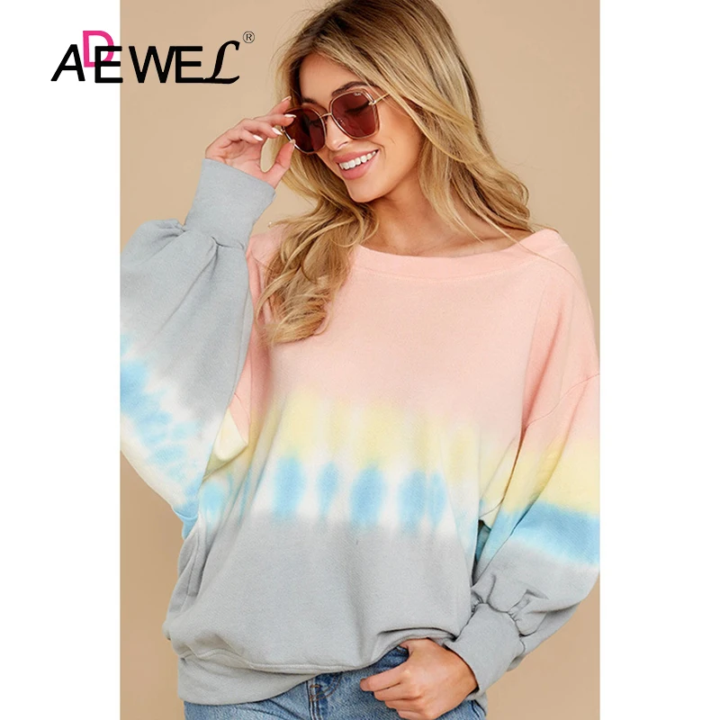 

ADEWEL Color Matching Round Neck 3D Tie Dye Women Plus Size Sweatshirt Long Sleeve Casual Pullover Oversized Hoodies Loose Tops