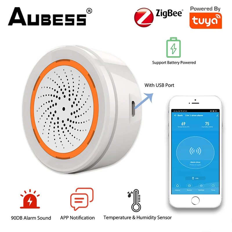 

Сигнализация ZigBee с датчиком температуры и влажности, звукосветильник сирена 90 дБ, работает с приложением Tuya SmartLife и системой Zigbee Gateway