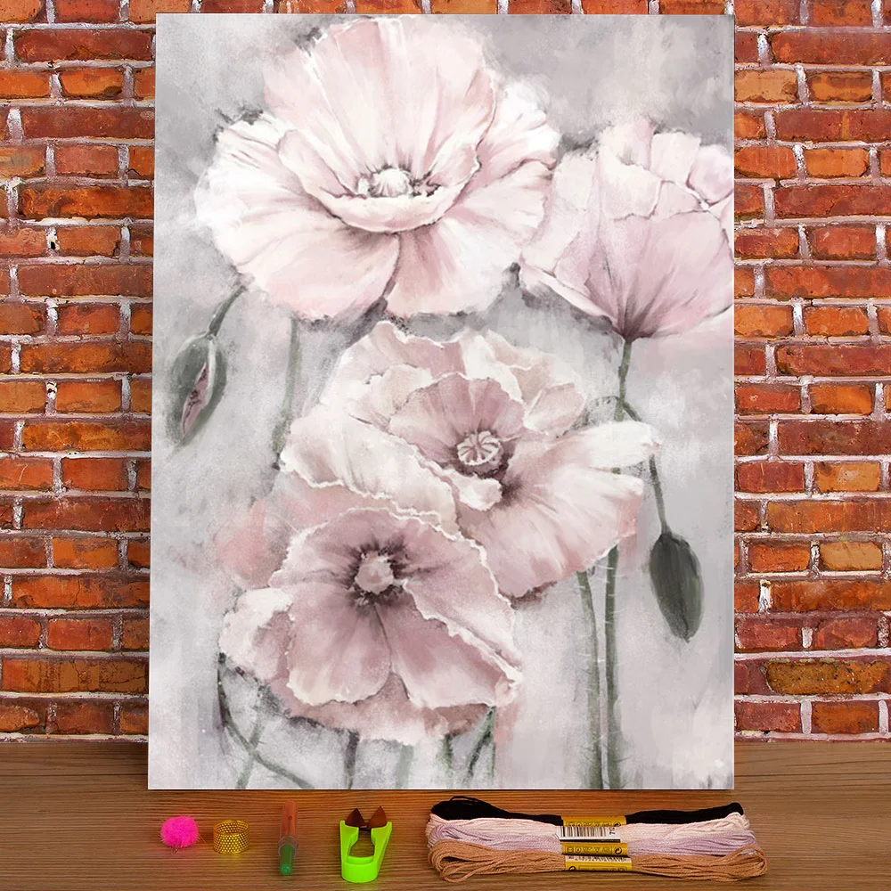 Flower Pink Grey Floral Nordic Printed Canvas 11CT Cross Stitch Embroidery Kit DMC Threads Handicraft Hobby Sewing Stamped | Дом и сад