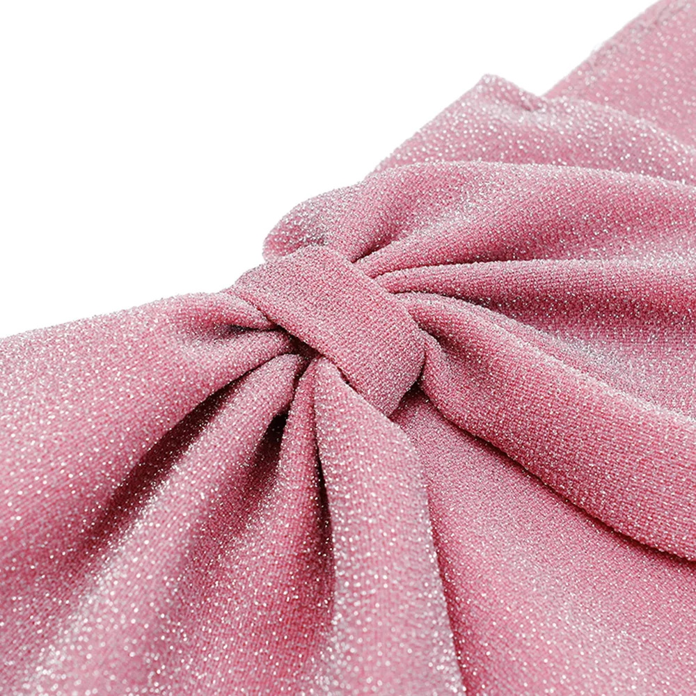 

Pink Bandeau Shiny Glitter Bikini Set Women Swimwear High Waist Swimsuit Two-piece Bow Bikinis Set Bather Bathing Suit Swim Wear
