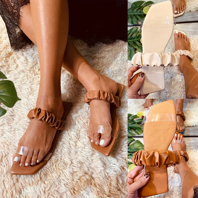 

Women's Slippers 2021 Fashion Ladies Transparent Flip Flops Female Flats Anti Slip Beach Footwear Woman Shoes Square Toe Comfort