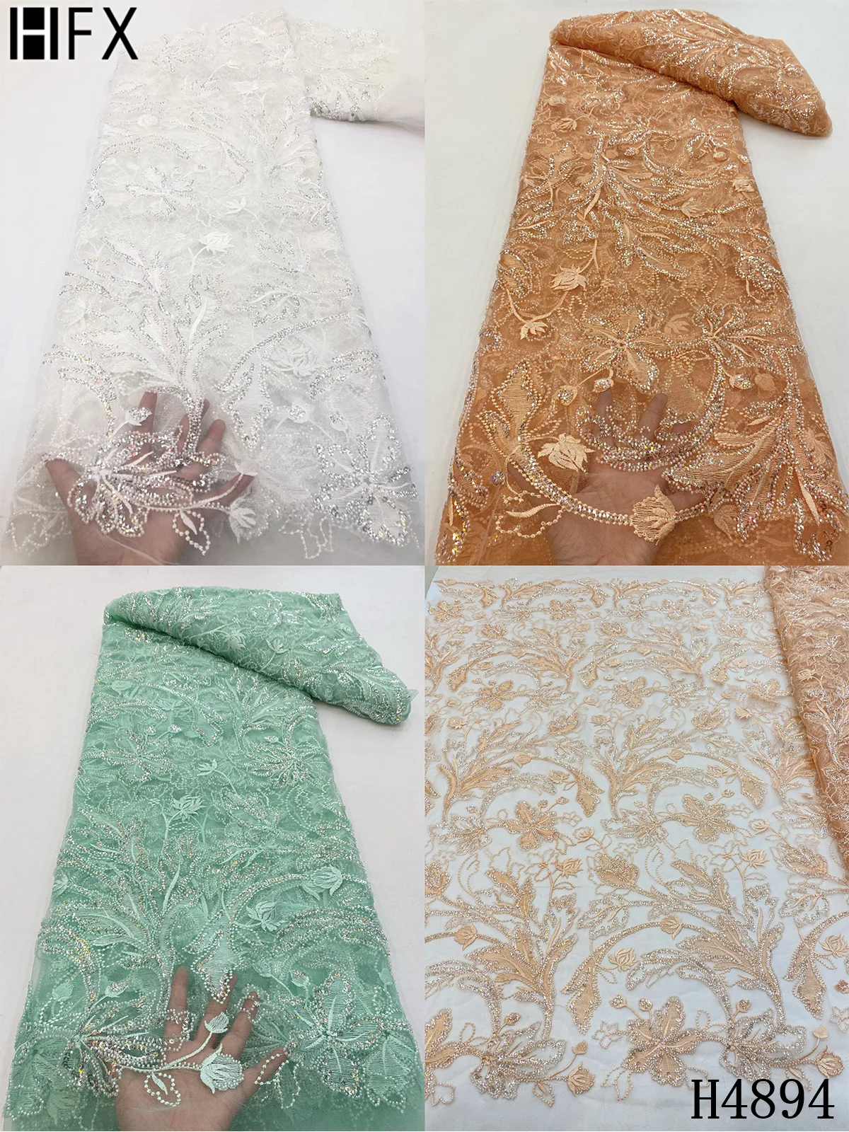 

HFX Luxury High-End Beaded Lace Fabric Nigeria Lace Fabric 2021 High Quality African Embroidery Tulle Fabric For Wedding F4894