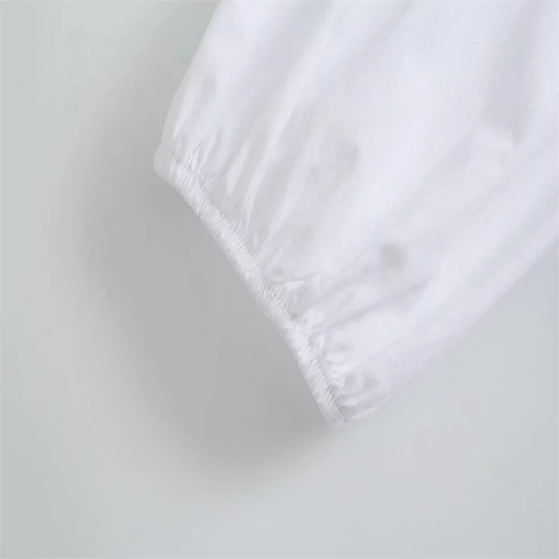 

Za 2021 Ruffle White Blouses Women Sexy Straight Neck Strapless Crop Top Chic Summer Long Puff Sleeve Straps Button Woman Blouse