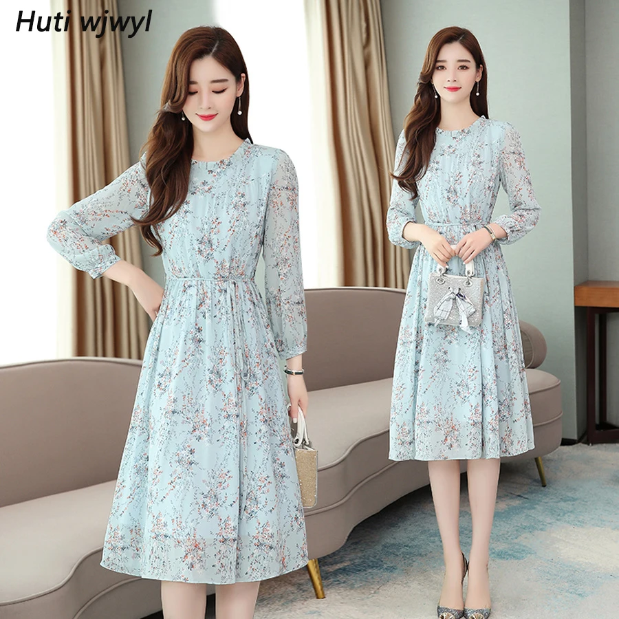 2021 в винтажном стиле Женские синие из шифона с цветочным рисунком миди платья