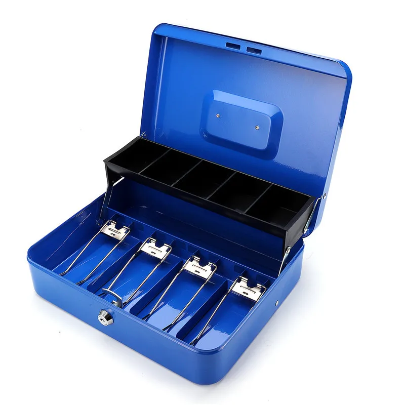 

12" Inch Blue Portable Cash Box With Drawer Lockable Metal Money Box Coin Cash Piggy Bank Home Store Jewelry Safe 30x24x9cm