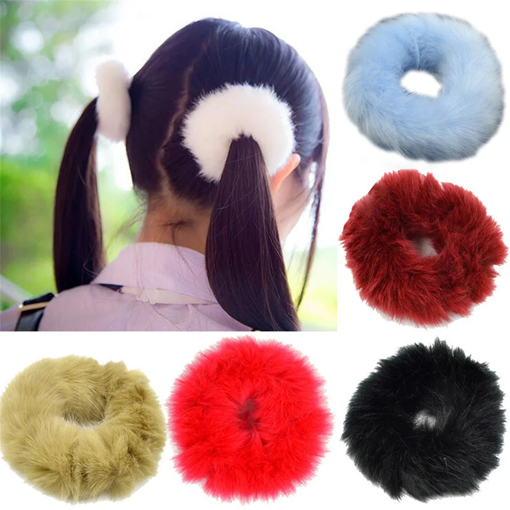 

2021 Fashion Hair Rope Scrunchie Artificial Rabbit Fur Ponytail Elastic Rubber Band Plush Hair Ring Women Girls Hair Accessories
