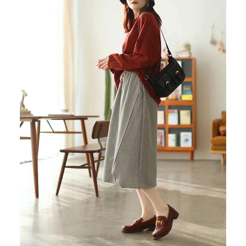 

Pure cotton split elastic waist women's autumn 2021 new high waist mid-length skirt