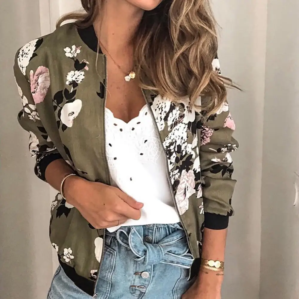 

40%HOTWomen Autumn Winter Fashion Long Sleeve Vintage Floral Coat Zipper Bomber Jacket
