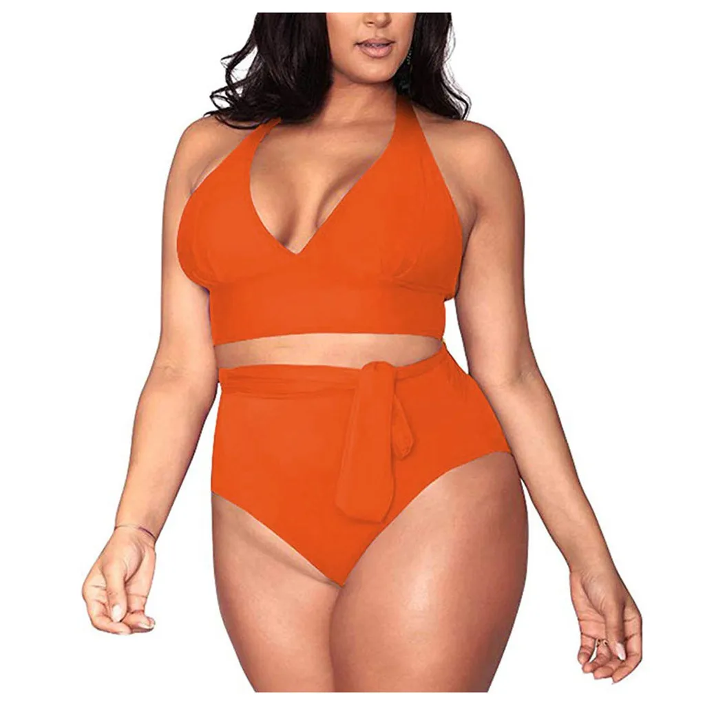 

Solid High Waist Deep V-neck Halter Two-piece Swimsuit Sexy Lace Up Women Monokini 2021 Plus Size Beach Bathing Suits Swimwear