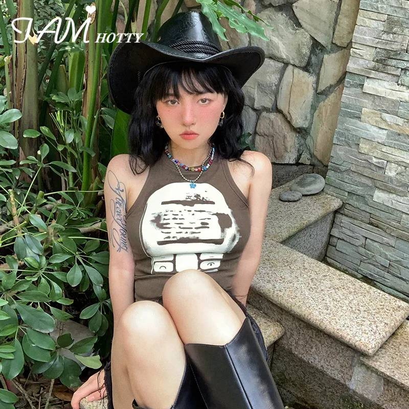 

IAMHOTTY Printed y2k Tank Top Grunge Fairycore Crop Tops Sleeveless Sweats Cute Corset Female Summer Basic Tee Green Vest Sport