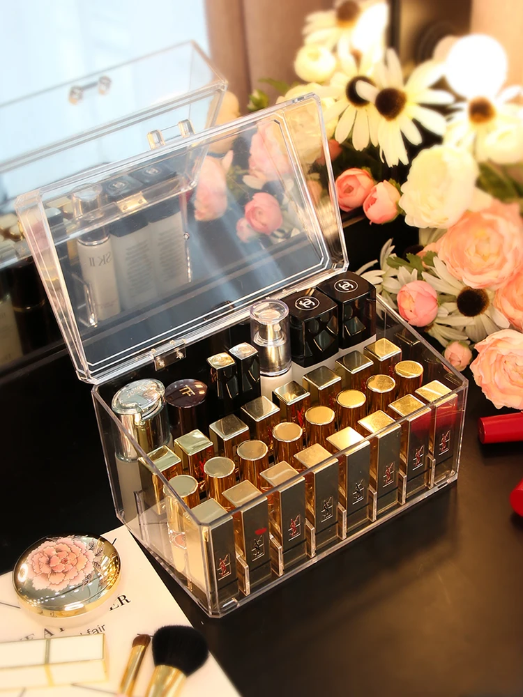 

CX Simple Acrylic Desktop Cosmetics Storage Box Lipstick Lip Glaze Shelf Dustproof Flip Organizing Rack