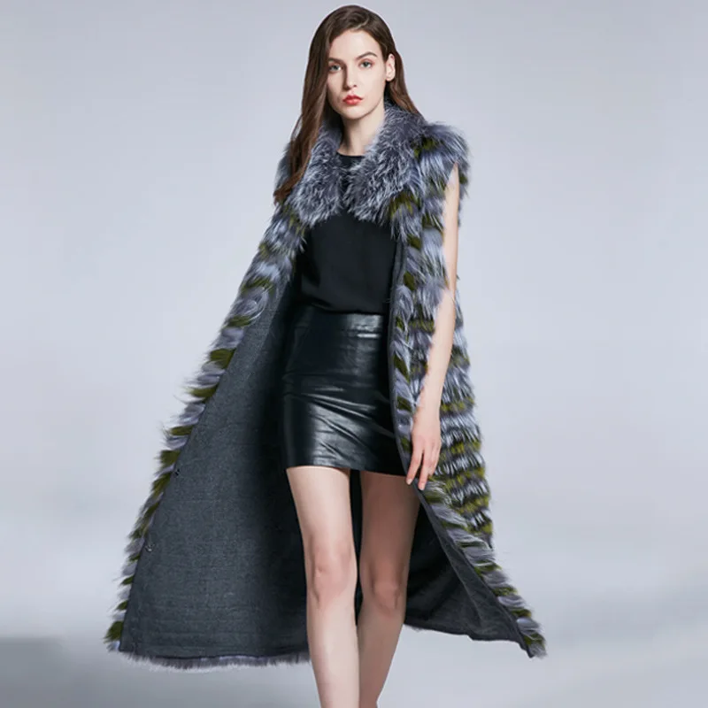 Hot Sale Winter Warm Thick Fox Hair Fur Coats Vest Jacket Middle Length Fashion Blue Slim Office Lady Overcoats for Women