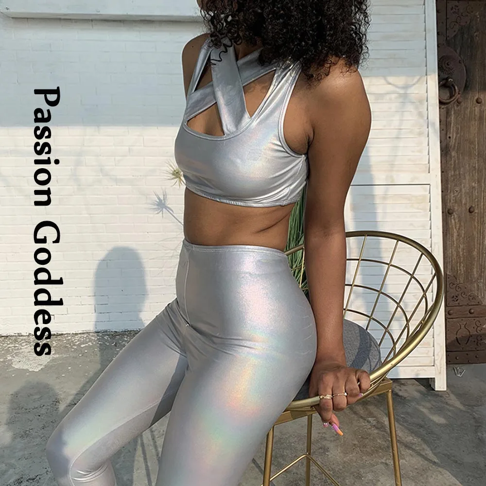 Сексуальный женский костюм из 2 предметов блестящая Лазерная кожа открытые топы