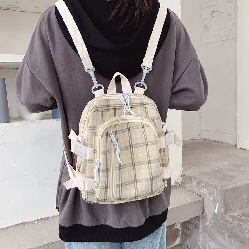 Рюкзак женский клетчатый, вместительный школьный ранец через плечо, съемный в стиле Харадзюку, модная маленькая ретро-сумка из ткани «Оксфо...